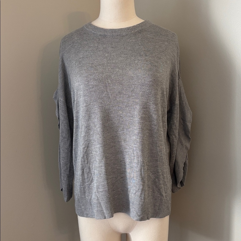 bishop + young Gray Crewneck Sweater with Keyhole Back and Split Sleeves Sz S